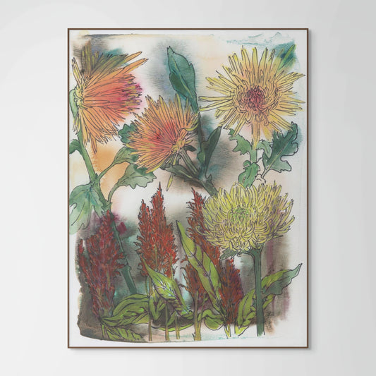 Chrysanthemums and Celosia Floral Print