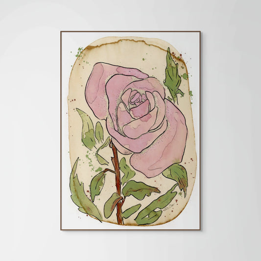Pink Rose On Coffee Stained Paper